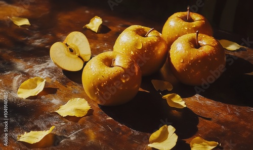 A close up of five apples with a single apple cut in half photo