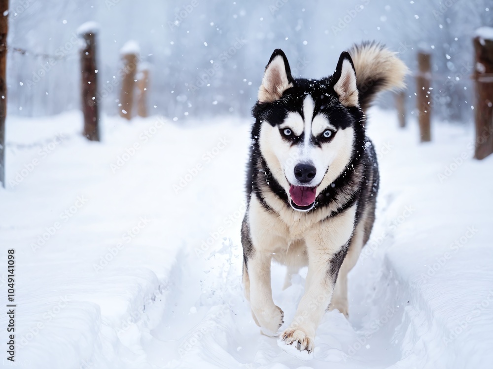 A playful husky runs joyfully through fresh snow on a winter day in a serene, forested landscape A playful husky runs joyfully through fresh snow on a winter day in a serene, forested landscape