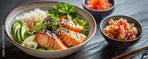 Wallpaper Mural Delicious salmon sushi bowl garnished with fresh ingredients in a cozy dining setting Torontodigital.ca