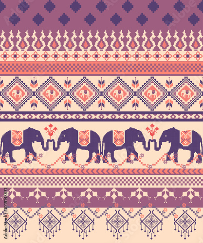 Seamless Thai pattern with elephant motifs and traditional weaving design. Cultural and playful, perfect for children's fabric and souvenirs.