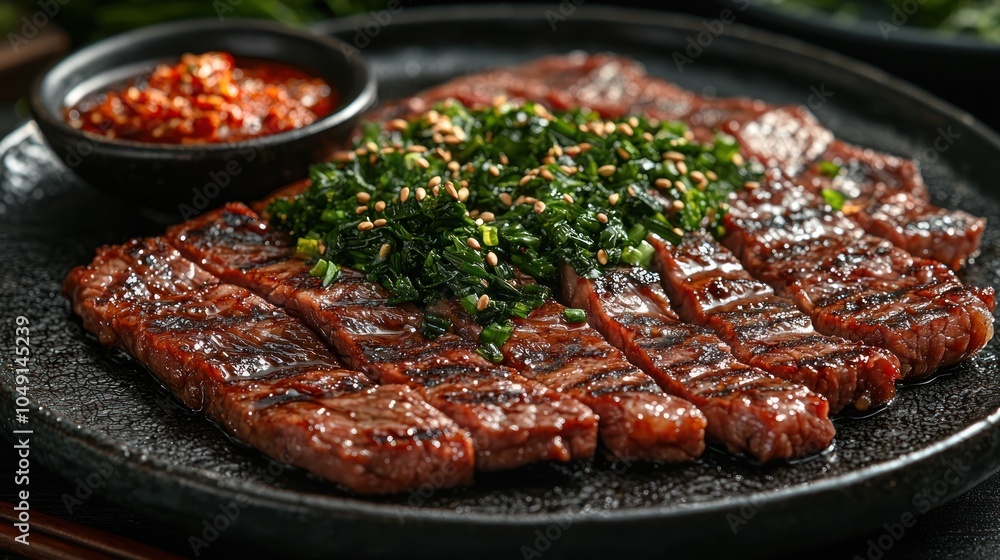 Grilled Beef Slices with Green Herbs and Sesame Seeds on a Black Plate Grilled Beef Slices with Green Herbs and Sesame Seeds on a Black Plate