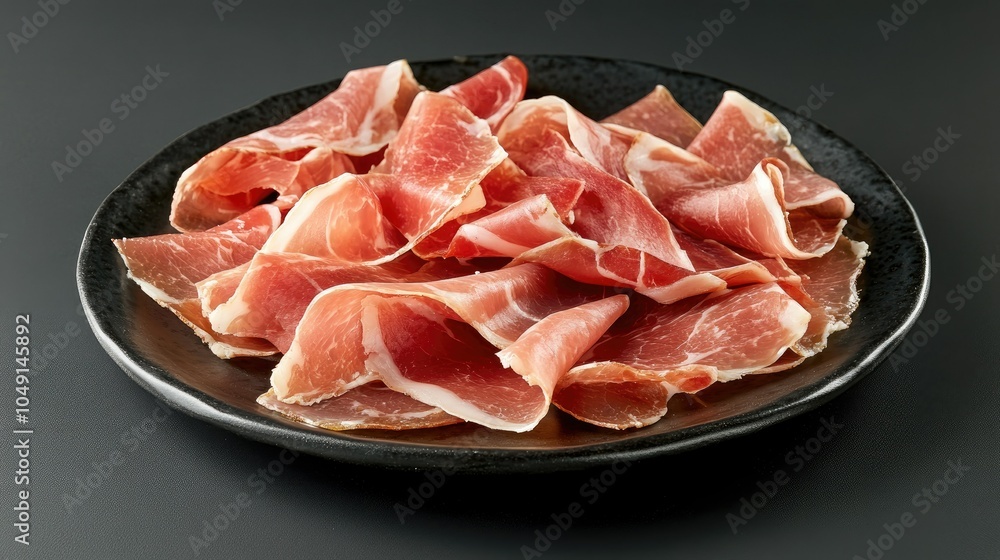 Artful arrangement of prosciutto di Parma or Jam Serrano slices on a dark plate, providing a gourmet food scene with copy space. Artful arrangement of prosciutto di Parma or Jam Serrano slices on a dark plate, providing a gourmet food scene with copy space.