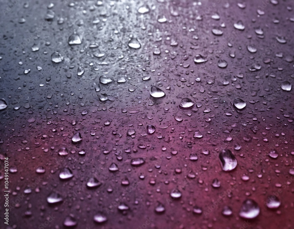 Close-up of water droplets on a smooth surface during twilight in a serene setting Close-up of water droplets on a smooth surface during twilight in a serene setting