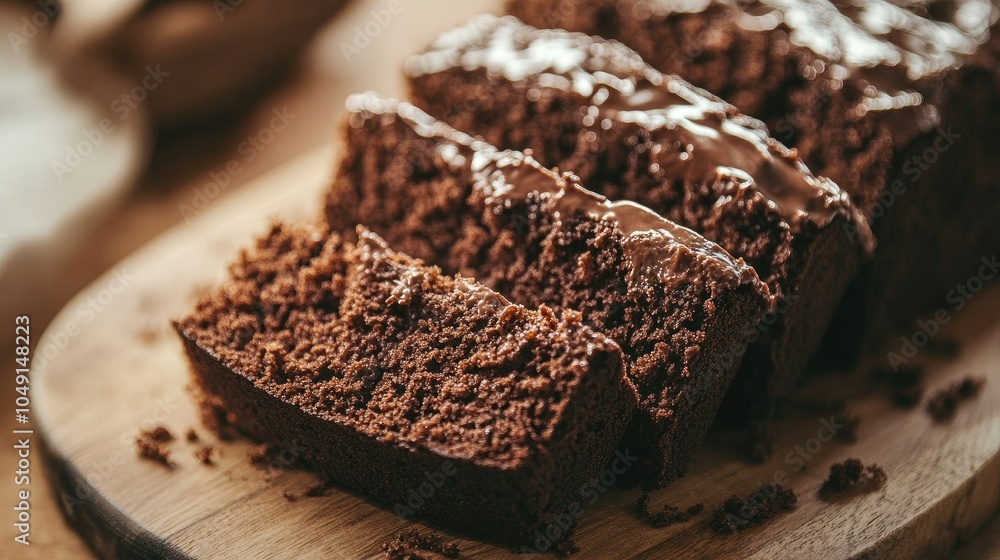 Close-up of a freshly baked chocolate pound cake, sliced and arranged on a wooden cutting board, with visible crumbs and rich texture. Close-up of a freshly baked chocolate pound cake, sliced and arranged on a wooden cutting board, with visible crumbs and rich texture.