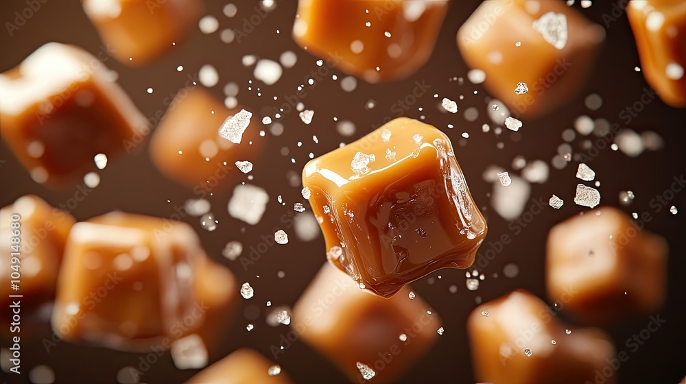 Close-up of flying caramel candies drizzled with sauce, topped with glistening salt crystals, frozen mid-air. Warm tones, sweet indulgence in motion. Close-up of flying caramel candies drizzled with sauce, topped with glistening salt crystals, frozen mid-air. Warm tones, sweet indulgence in motion.