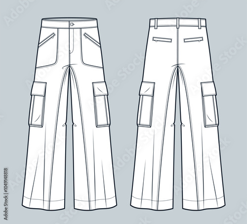 Cargo Pants technical fashion Illustration. Denim Pants fashion flat technical drawing template, pockets, front and back view, white, women, men, unisex CAD mockup.