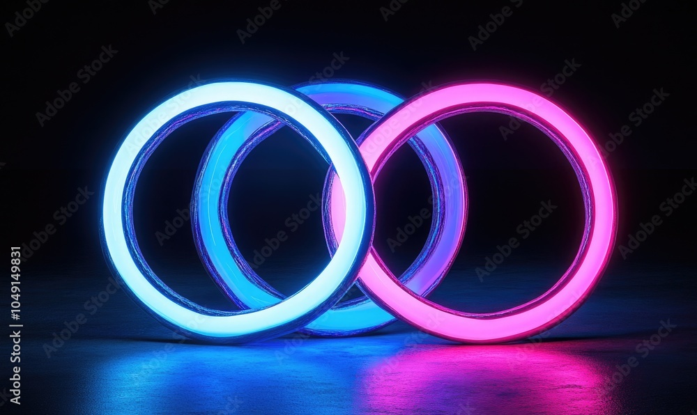 Three neon colored circles are lit up in a dark room Three neon colored circles are lit up in a dark room