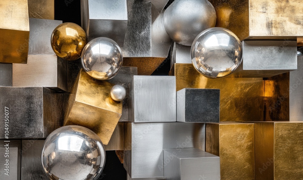 A wall of gold and silver cubes and balls A wall of gold and silver cubes and balls