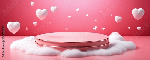 A romantic display with heart-shaped clouds, pink backdrop, and a circular pedestal for a special occasion photo shoot or product reveal