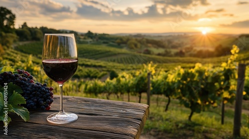 A glass of red wine on a rustic wooden table in front of a beautiful vineyard in the sunset