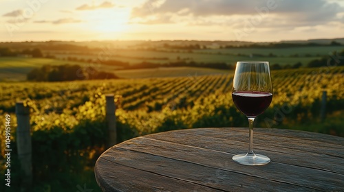 A glass of red wine on a rustic wooden table in front of a beautiful vineyard in the sunset