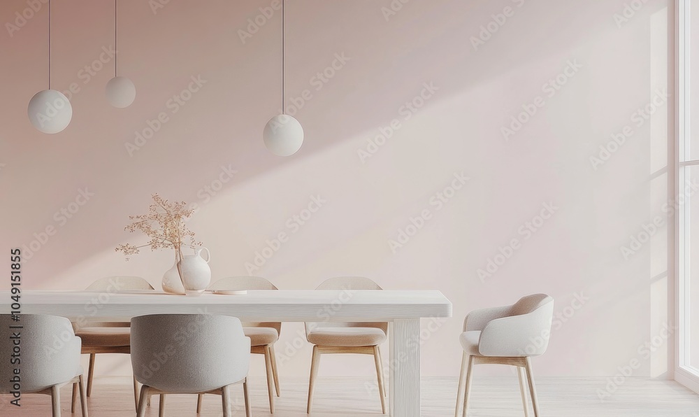 A white dining room with a large table and chairs A white dining room with a large table and chairs
