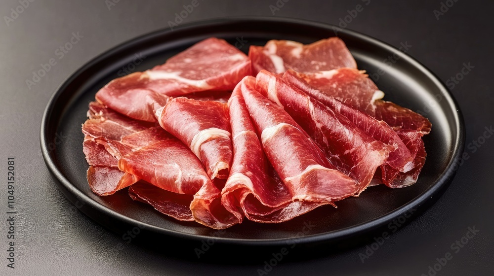 Elegant presentation of Jam Serrano or prosciutto di Parma slices on a black plate, offering ample room for copy or design. Elegant presentation of Jam Serrano or prosciutto di Parma slices on a black plate, offering ample room for copy or design.