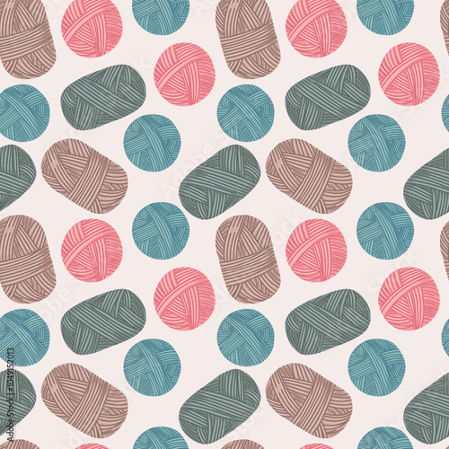 Vector seamless pattern with skeins of knitting threads. Handicraft. Illustration on a white background.