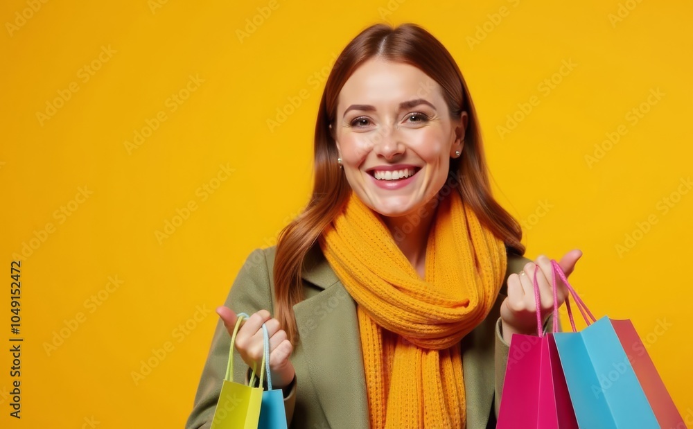 Girl Smilling And Holding Shopping Bags In Hand In Orange Background Girl Smilling And Holding Shopping Bags In Hand In Orange Background
