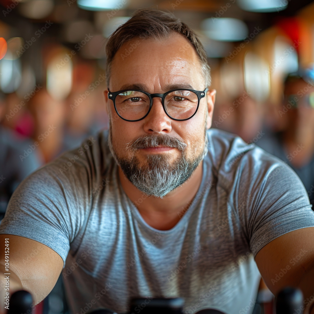 A man with glasses and a beard focuses intently during an energy-filled fitness class held at a gym, surrounded by other enthusiastic participants in the background. A man with glasses and a beard focuses intently during an energy-filled fitness class held at a gym, surrounded by other enthusiastic participants in the background.