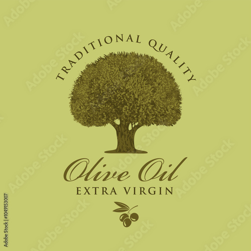 Vector banner or label for extra virgin olive oil with realistic olive tree and handwritten inscriptions on green background in retro style