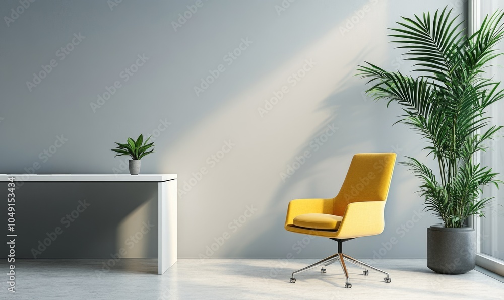 A yellow chair sits in front of a white desk A yellow chair sits in front of a white desk