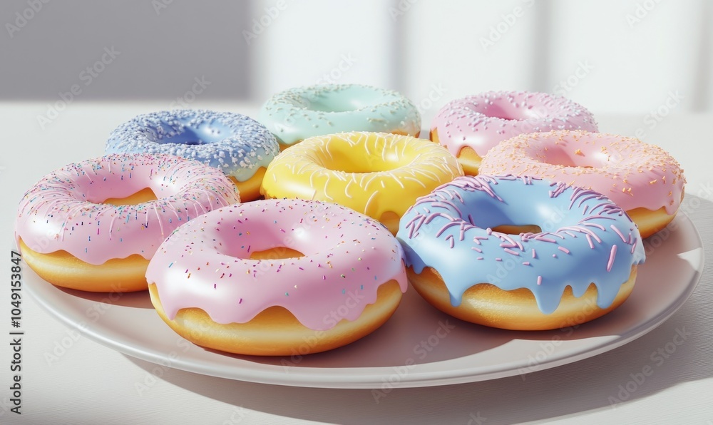 A plate of colorful frosted donuts with sprinkles A plate of colorful frosted donuts with sprinkles