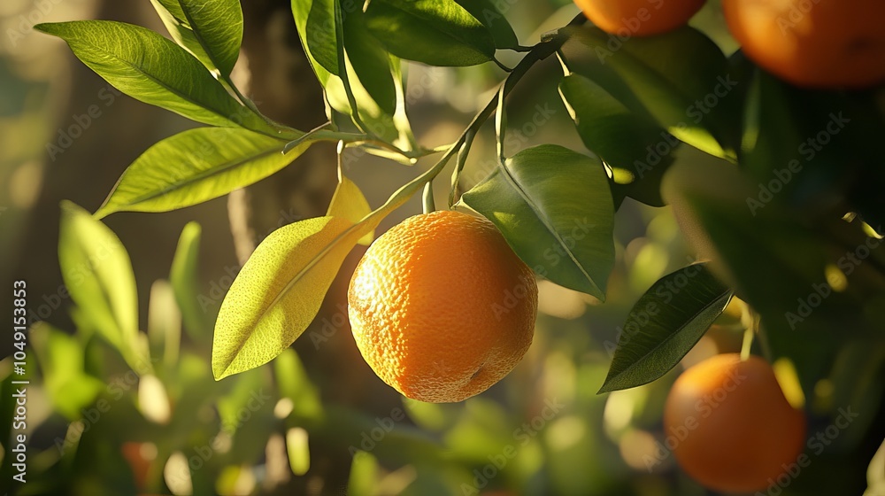 Oranges hang from a tree branch with lush green leaves. Oranges hang from a tree branch with lush green leaves.