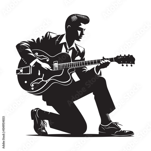  Rockabilly Guitarist (1950s) Silhouette vector black color white background
