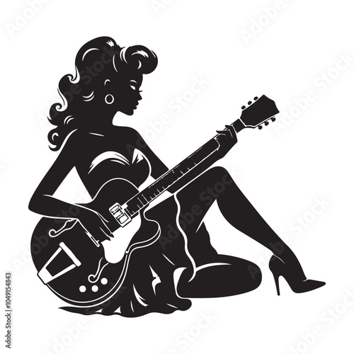  Rockabilly Guitarist (1950s) Silhouette vector black color white background