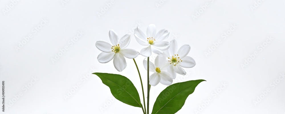 Fototapeta premium Elegant white flowers with green leaves against a light background in a simple, serene arrangement perfect for spring decor