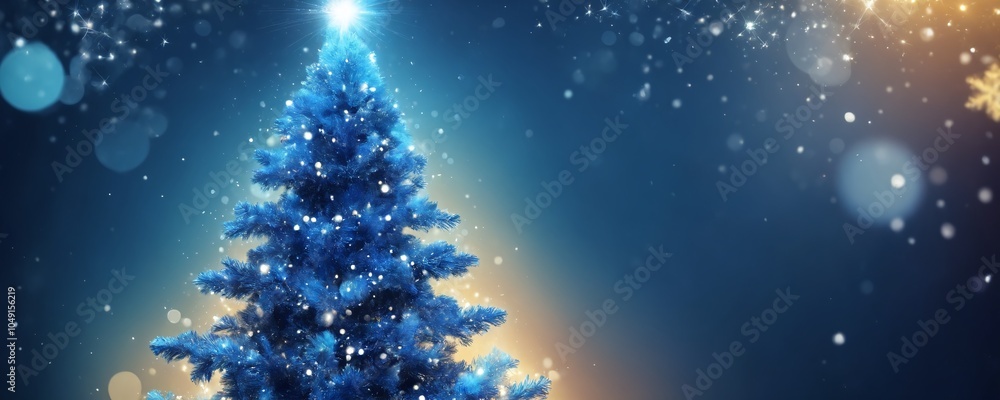 Naklejka premium A beautifully decorated blue Christmas tree with sparkling lights and snowflakes in a festive winter atmosphere celebrating the holiday season