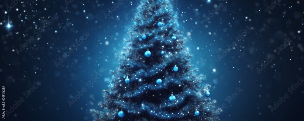 Sparkling blue Christmas tree adorned with ornaments, glowing under festive lights in a winter wonderland setting Sparkling blue Christmas tree adorned with ornaments, glowing under festive lights in a winter wonderland setting