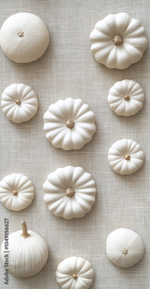 A clean and minimalist arrangement of white pumpkins on a neutral fabric background creates a modern and stylish fall aesthetic. A clean and minimalist arrangement of white pumpkins on a neutral fabric background creates a modern and stylish fall aesthetic.