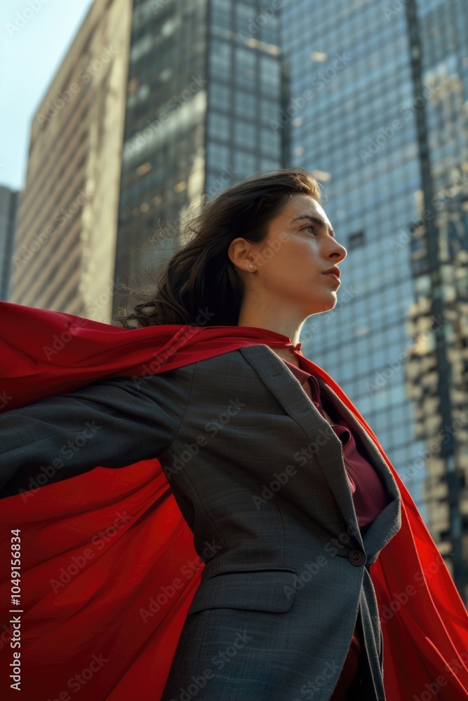 Woman in a red cape stands in front of a tall building. She is wearing ...