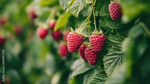 Lush raspberry plants filled with ripe berries in an organic farm setting, symbolizing sustainable farming and healthy food production.