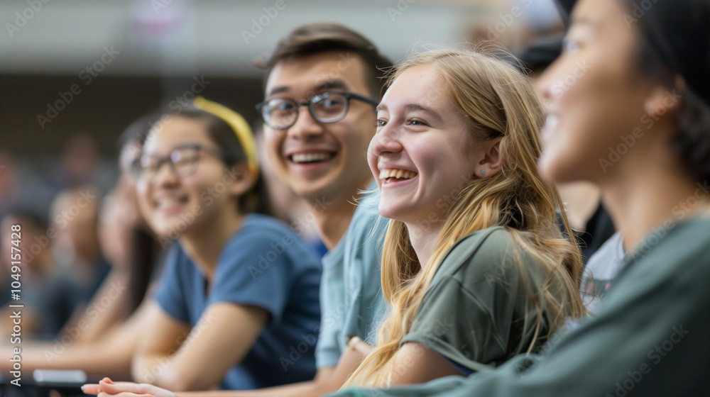 Group of students smiling and enjoying a lecture together.. Group of students smiling and enjoying a lecture together..