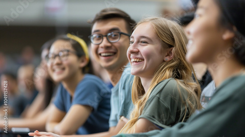 Group of students smiling and enjoying a lecture together..