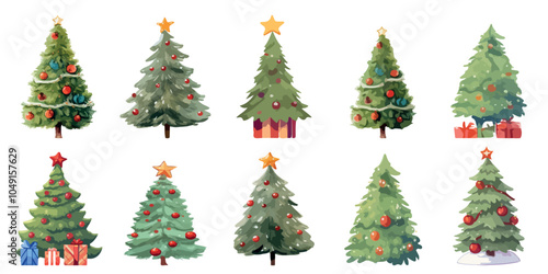 A set of twelve Christmas trees with ornaments and gifts. The trees are all different sizes and are decorated with various ornaments