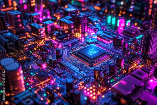 Quantum computing circuits and chips with bright neon lighting photo