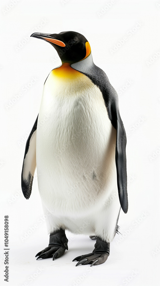 Fototapeta premium A majestic emperor penguin stands proudly on a white background, showcasing its distinctive black, white, and yellow plumage in bright daylight
