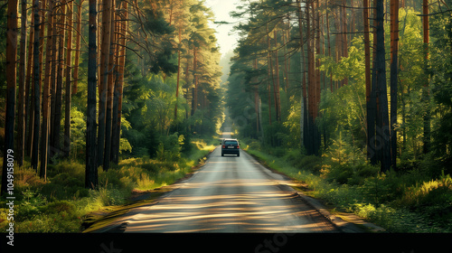 A quiet car drives down a secluded forest road surrounded by tall trees during a serene afternoon in nature photo