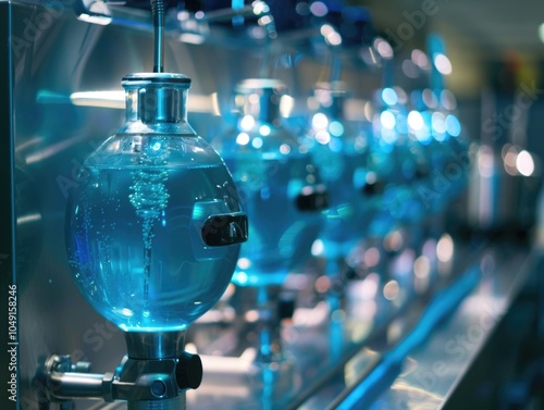 Wallpaper Mural Row of blue glass bottles with a blue liquid inside. The bottles are lined up on a counter Torontodigital.ca