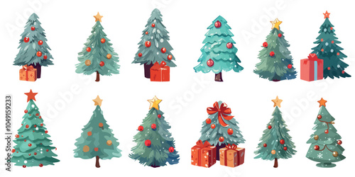 A set of twelve Christmas trees with ornaments and gifts. The trees are all different sizes and are decorated with various ornaments