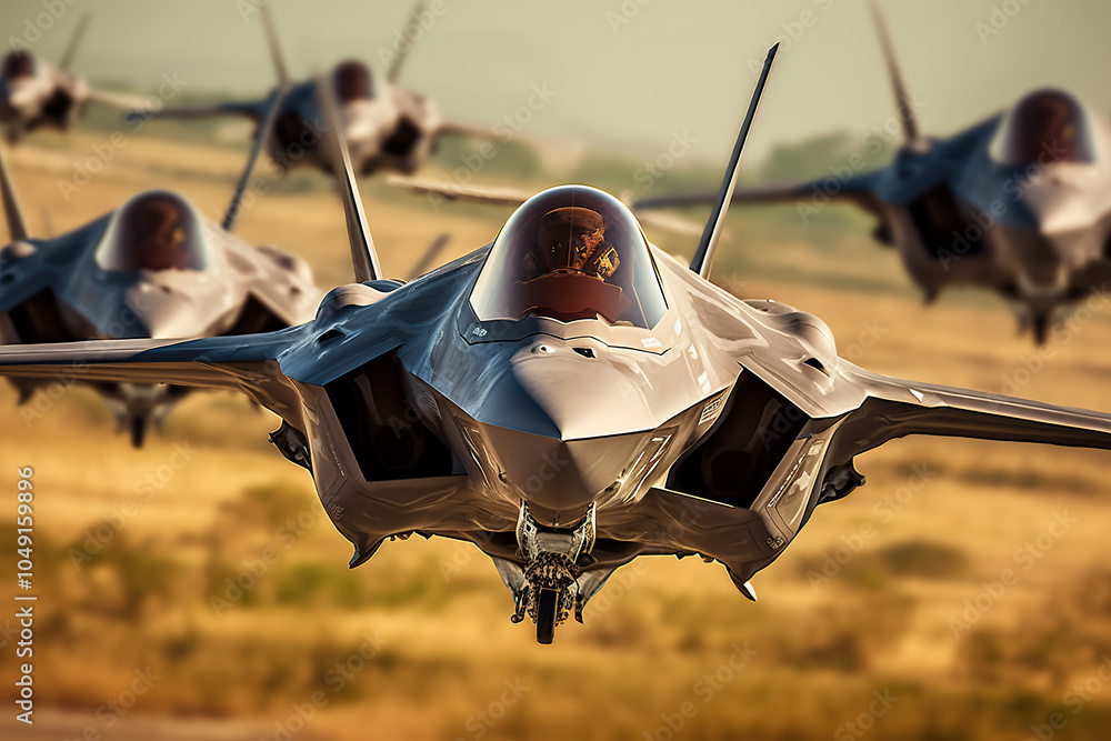 Fototapeta premium Fighter jets flying in formation over open fields during golden hour in a clear blue sky