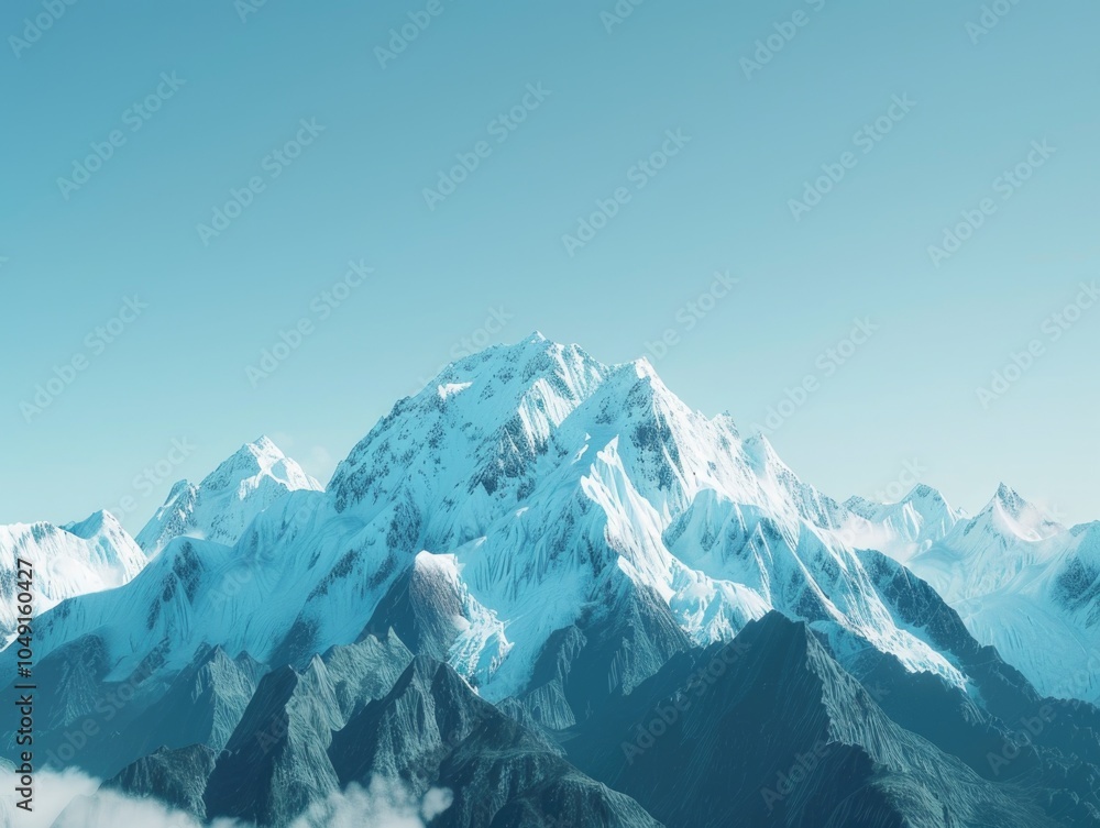 Beautiful mountain range with snow-covered peaks. The sky is clear and blue, and the mountains are covered in a thick layer of snow. Concept of awe and wonder Beautiful mountain range with snow-covered peaks. The sky is clear and blue, and the mountains are covered in a thick layer of snow. Concept of awe and wonder