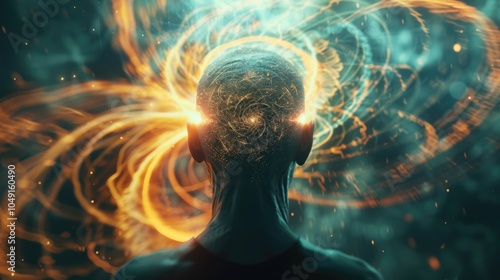 Man's head is surrounded by a swirling vortex of light and energy. Concept of wonder and curiosity about the mysteries of the universe