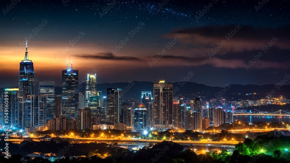 Obraz premium Captivating Bokeh Effect in Dreamy Nightscape with Twinkling City Lights and Glowing Orbs for Atmospheric Backgrounds, Celebrating the Magic of Urban Life and Night Photography