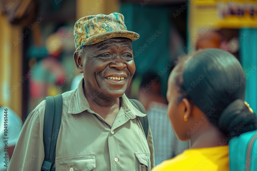 Man with a green hat and a woman with a yellow shirt are talking. The man is smiling and the woman is looking at him Man with a green hat and a woman with a yellow shirt are talking. The man is smiling and the woman is looking at him