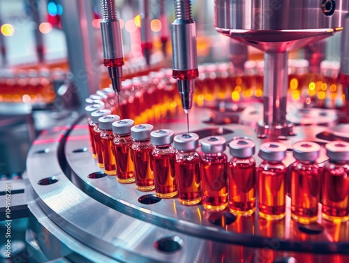 Machine is filling bottles with a red liquid. The bottles are lined up in a row and are being filled with a syringe