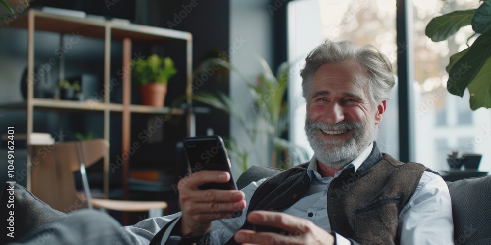Man is sitting on a couch and smiling while holding a cell phone. He is enjoying himself and is likely checking his phone for messages or social media updates. Concept of relaxation and leisure Man is sitting on a couch and smiling while holding a cell phone. He is enjoying himself and is likely checking his phone for messages or social media updates. Concept of relaxation and leisure