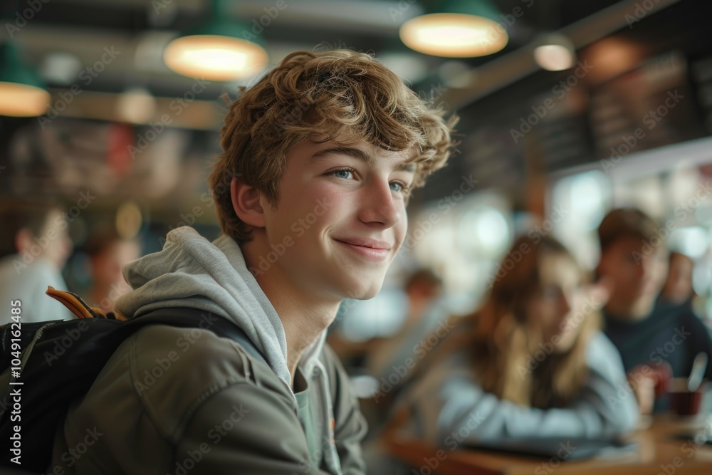 Young man with a backpack is smiling at the camera. He is surrounded by other people, some of whom are also smiling. Scene is happy and friendly Young man with a backpack is smiling at the camera. He is surrounded by other people, some of whom are also smiling. Scene is happy and friendly
