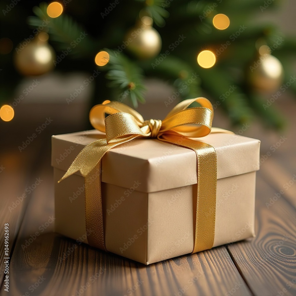 A present with a golden bow stands under the Christmas tree. A present with a golden bow stands under the Christmas tree.