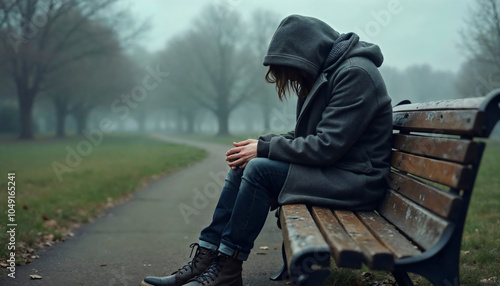 Hooded Figure in Solitude on a Wooden Bench in a Foggy Park, Surrounded by Misty Trees, Capturing Reflection, Calm, and Introspection in a Cinematic Outdoor Scene